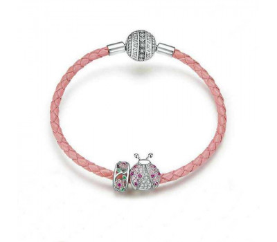 Pink Ladybug and Flower Beads Silver Charm Leather Bracelet